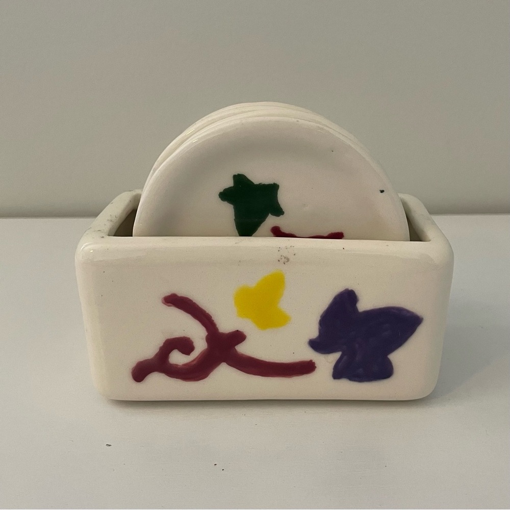 White Ceramic Coaster Set with Colorful Leaf Motif